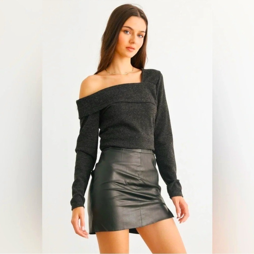 Charcoal Knit One Shoulder Long Sleeve Top